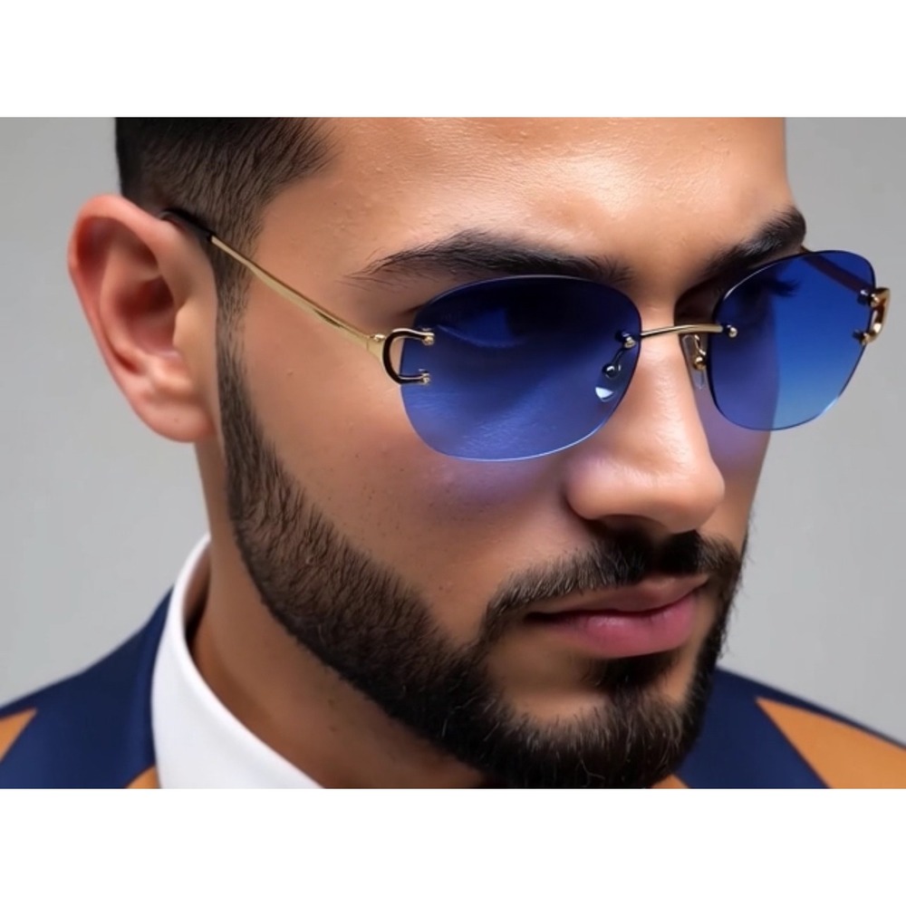 Rimless Sunglasses Oval Blue Lens‎ Gold Frame Fashion Trendy Style Sophisticated